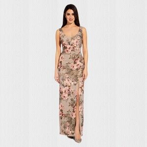 NWT Adrianna Papell Slate Blush Floral Matelasse Long Dress Formal Gown - 12